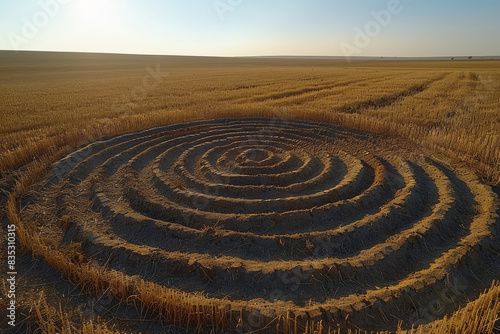 A large, precise, and unexplained circular formation on the ground. Concept of crop circles and ancient alien signs. Generative Ai. photo