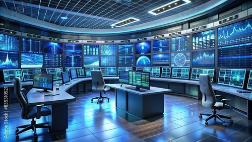 Futuristic hi-tech control room with multiple monitors displaying real-time data, technology, engineering, monitoring, futuristic, data, analysis, control room, screens, computers, network