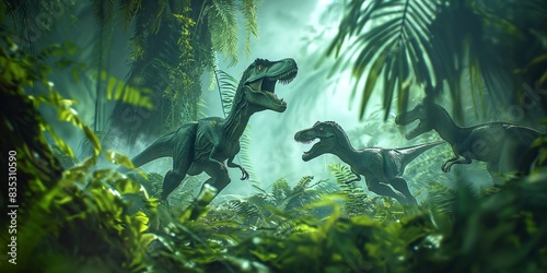 Fototapeta Naklejka Na Ścianę i Meble -  In the ancient forest, prehistoric dinosaurs, like the powerful Tyrannosaurus, once roamed, shaping natural history.