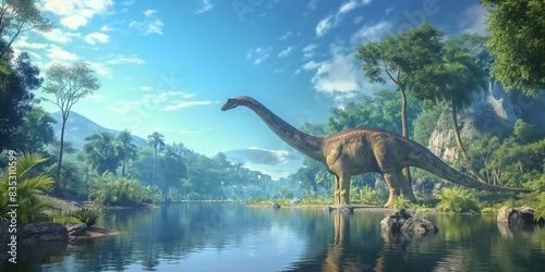 Fototapeta Naklejka Na Ścianę i Meble -  In the prehistoric park, Jurassic dinosaurs, roamed wild among ancient trees and lakes.