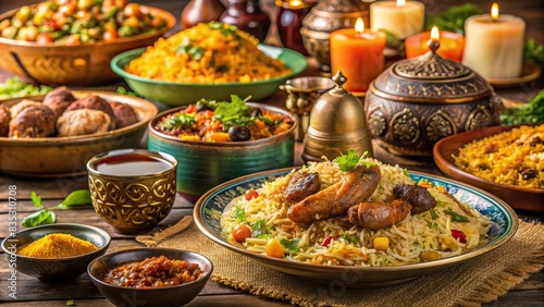 A beautifully set table with a variety of delicious biryani and baklava dishes for celebrating Eid Mubarak , Eid Mubarak, feast, celebration, Muslim holiday, biryani, baklava, delicious