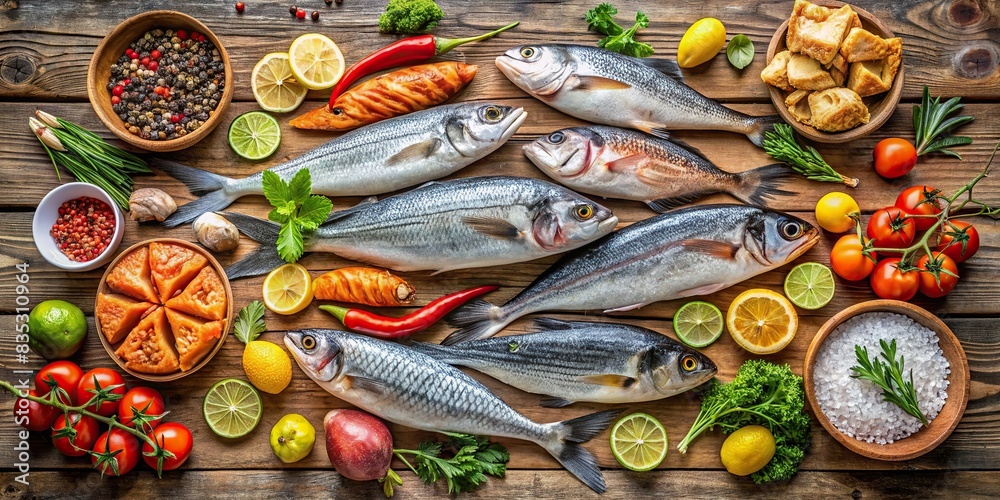 Assortment of fresh fish on a wooden background. Top view, seafood, raw, ocean, healthy, cuisine, variety, gourmet, cooking, meal, gastronomy, market, different, delicious, diet, ingredient