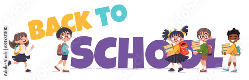 Group of elementary school pupils with backpacks standing with large Back to School text banner. Happy kids are back to education. Vector illustration for poster, flyer, sale banner