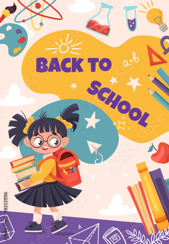 Notebook cover, back to school vector banner design with cute children and education element. Poster with pupil for poster, wallpaper,  print, website. Vector background for your design