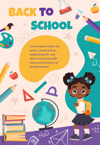 Notebook cover, back to school vector banner design with cute children and education element. Poster with pupil for poster, wallpaper,  print, website. Vector background for your design