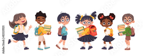 Cute children going to school together. Little different kids are happy to be back to school. Flat vector illustration isolated on white background