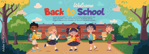 Back to school banner with cute children, school building and trees. Hand drawn flat design template for poster, wallpaper, website. Cartoon vector illustration