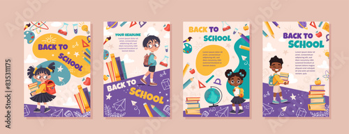 Back to school vector banner set. Flyer design with cute children and education element. Posters with different kids for poster, wallpaper,  print, website. Vector background for your design