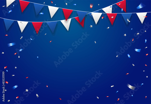 Festive background with hanging flags garland and confetti for American holidays. July 4th Independence day