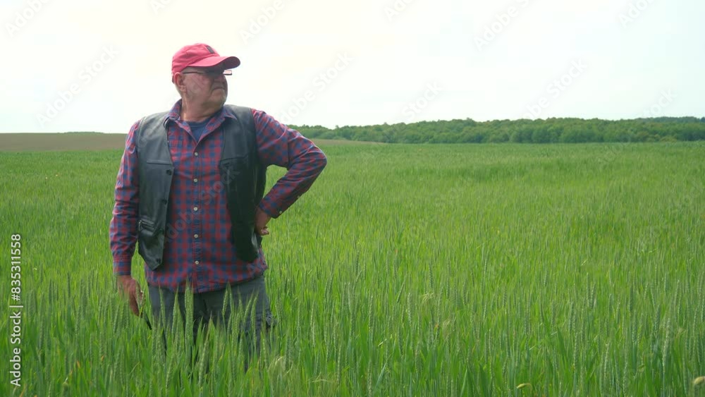 An elderly farmer with glasses, a plaid shirt and a red baseball cap, stands in a field with green ears of rye in his hands, against the background of a blue sky. Slow motion. An elderly farmer with glasses, a plaid shirt and a red baseball cap, stands in a field with green ears of rye in his hands, against the background of a blue sky. Slow motion.