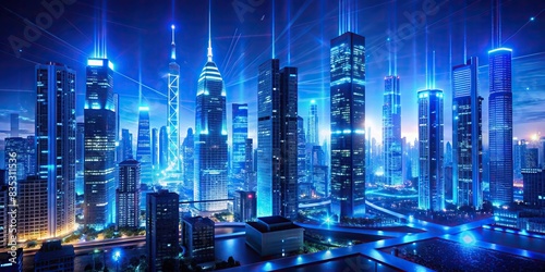 A futuristic cityscape at night with modern buildings bathed in blue light, showcasing the aesthetics of data scaling , urban, architecture, city, skyline, modern, futuristic, technology