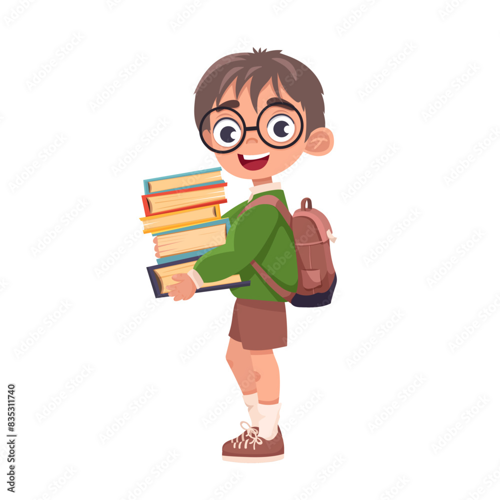 Little school boy stand holding books with backpacks. Cartoon character Isolated on white background. Vector illustration with back to school concept. Little school boy stand holding books with backpacks. Cartoon character Isolated on white background. Vector illustration with back to school concept.