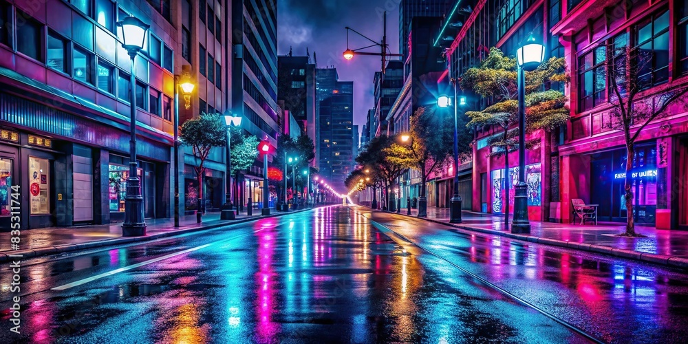 Night city street with glowing neon lights and empty sidewalks, urban, cityscape, night, lights, illuminated, buildings, architecture, empty, sidewalks, road, nightlife, neon, vibrant