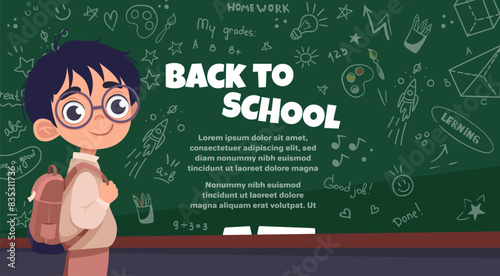 Welcome Back to school banner with cute boy in glasses and school uniform, backpack. Vector illustration with white spaces for text on green wooden chalk board