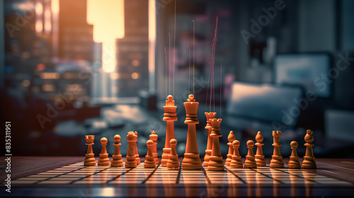 Strategic Business Moves: Chess Board with Business Growth Chart 3D Illustration photo