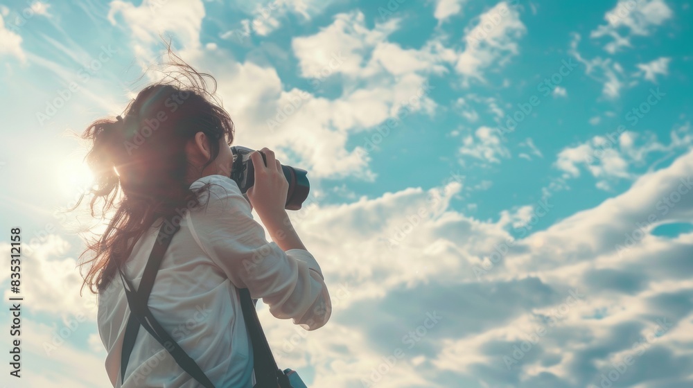 A woman is capturing a photo of the sky using a camera A woman is capturing a photo of the sky using a camera