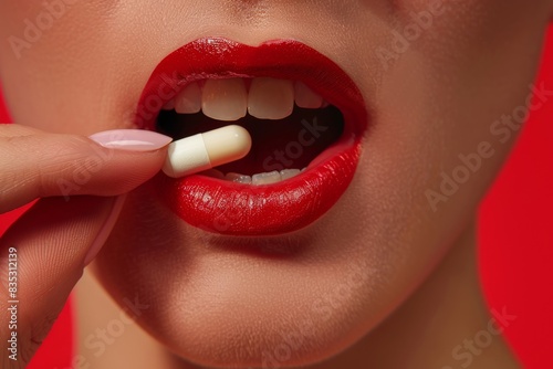 Woman taking a pill  mouth close-up