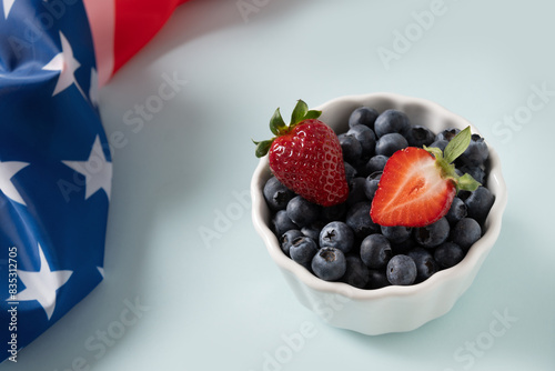 Berry fruits dessert with blueberry decorated US flag. Snack for kids for Patriotic Independence Day 4th of July. Close up. Copy space. photo
