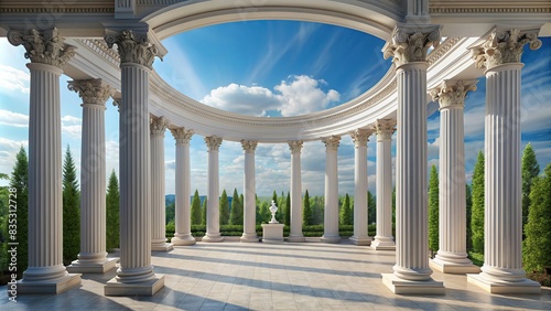 Classical architecture with colonnade arch in rendering, featuring white columns , colonnade, arch, classical, architecture, rendering, white, columns, pillars, ancient, historical photo