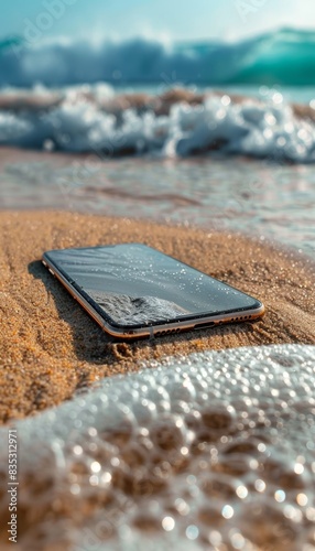 Waterproof Smartphone on Sand with Ocean Waves in Background, Concept of Durable Tech for Beach Adventures photo