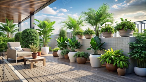 Modern style terrace with tropical plants in pots , terrace, modern, plants, tropical, pots, greenery, outdoor, stylish, decor, contemporary, design, foliage, chic, botanical, lush, balcony