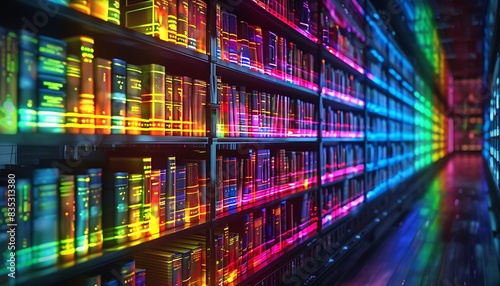 Futuristic digital library with shelves of glowing, multicolored digital books on international case law, business contracts, and market disputes, showcasing advanced technology