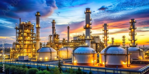 Oil and gas power plant refinery with storage tanks , energy, industry, refinery, fuel, petrochemical, pipeline, industrial, technology, machinery, equipment, pollution control photo