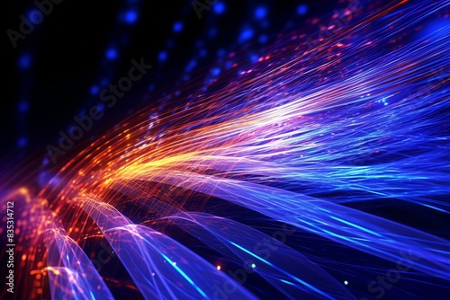 Intricate Web of Fiber Optic Cables Transmitting Data Signals light, technology,
