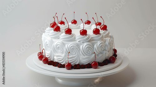 White and red cake with cherries on top.ðŸŽ‚ðŸ’ The cake is on a white plate and has a white background. photo