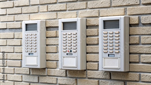 Close-up of three intercoms on a white brick wall with apartment numbers and push button door buzzers, intercoms, white wall, textured brick, apartment numbers, push button, door buzzer