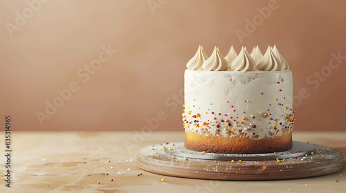 Vanilla cake with white frosting and colorful sprinkles on a wooden cake stand. The cake is sitting on a light brown table against a beige background. photo