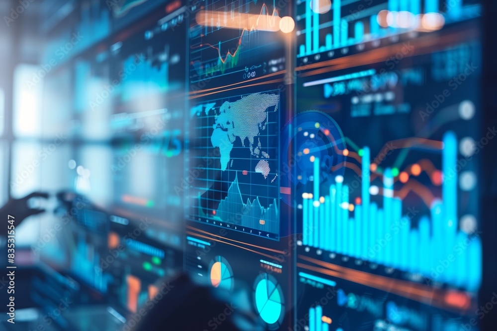 Virtual Screen Big Data Science Analysis Business Technology Concept. Virtual Screen Big Data Science Analysis Business Technology Concept.