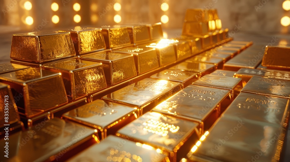 Gold bars, arrangement with reflections, dynamic lighting. Gold bars, arrangement with reflections, dynamic lighting.