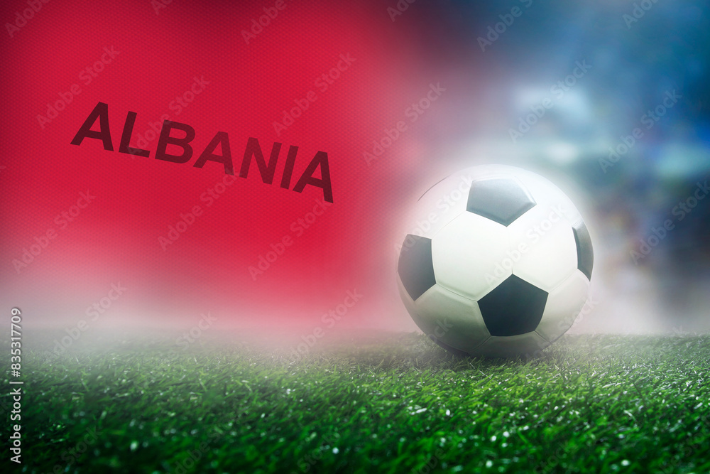 Obraz premium Football Albania nation flag on Green Field , soccer fan supporters in tournament