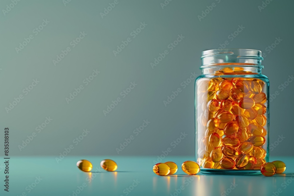 Jar of Omega three pills. Copy space for text Jar of Omega three pills. Copy space for text