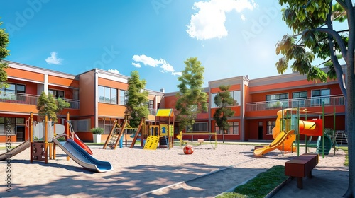 colorful preschool building exterior on sunny day
