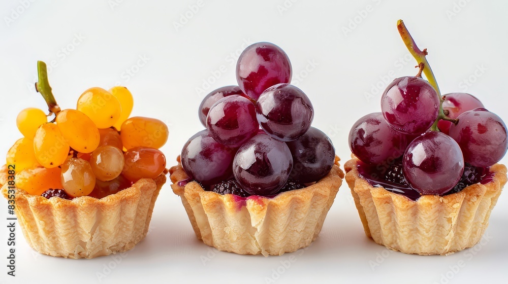 Exquisite arrangement of grapes and assorted fruit tarts on a pristine white background (close up, dessert photography, vibrant, Composite, minimalist backdrop)