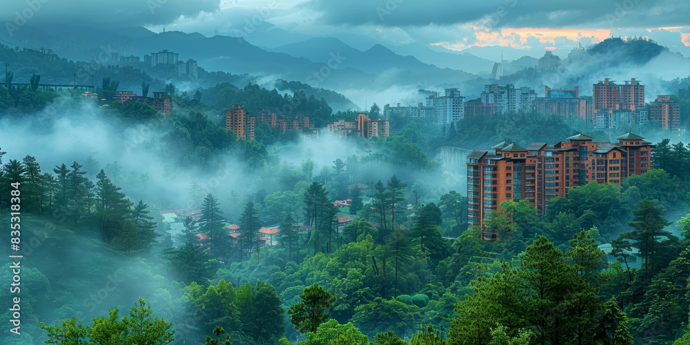 In the misty morning, hills overlook the city, framed by forests and mountains under a colorful sunrise. In the misty morning, hills overlook the city, framed by forests and mountains under a colorful sunrise.