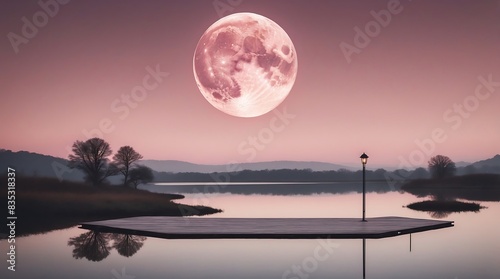 Enchanting Serene Landscape with Reflective Pink Platform and moon