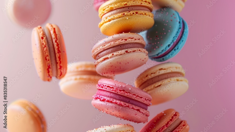 Macarons in various colors arranged in a cascading tower with whimsical presentation and vibrant pastel hues (close up, food photography, whimsical, Composite, kitchen backdrop) Macarons in various colors arranged in a cascading tower with whimsical presentation and vibrant pastel hues (close up, food photography, whimsical, Composite, kitchen backdrop)