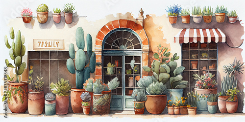 Charming storefront adorned with various cacti and succulents in terracotta pots, showcasing a rustic and inviting atmosphere. photo