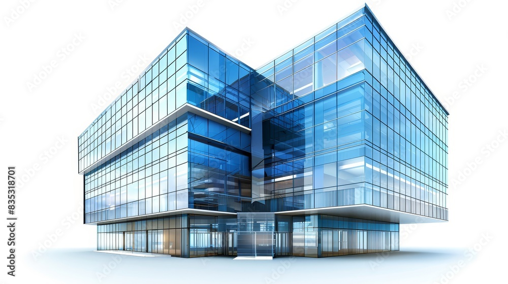 Fototapeta premium Modern business center with blue-tinted windows, blurred glass facade, abstract 3D rendering, isolated on white background, copy space