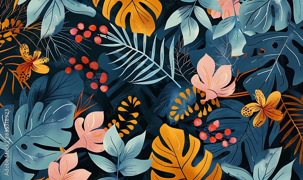 Collage contemporary floral seamless pattern. Modern exotic jungle fruits and plants illustration in vector. Collage contemporary floral seamless pattern. Modern exotic jungle fruits and plants illustration in vector.