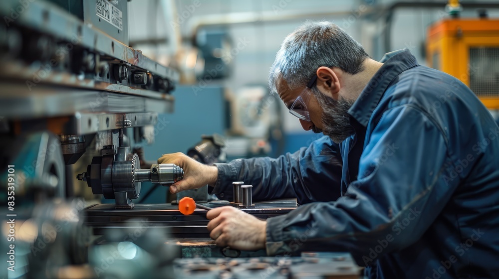 Side view of a technician working on steel machinery in a tool factory, highlighting precision maintenance and necessary upkeep for optimal manufacturing, isolated on white background, copy space