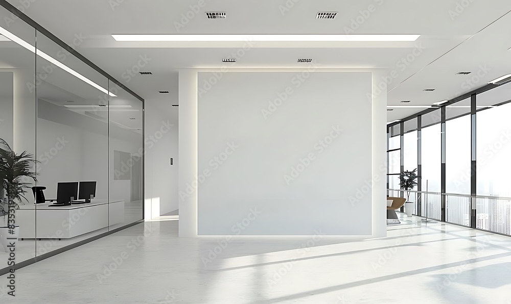 Office lobby with a large white wall and two meeting rooms Office lobby with a large white wall and two meeting rooms