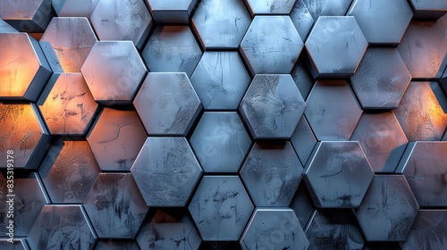 Abstract pattern featuring interlocking hexagons in metallic shades Futuristic and sleek with a reflective effect photo
