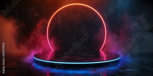 Background podium 3D light neon colorful platform stage product abstract. Scene background 3D podium dark pedestal room glow studio empty stand floor night modern circle show space display game led bl © Mariana