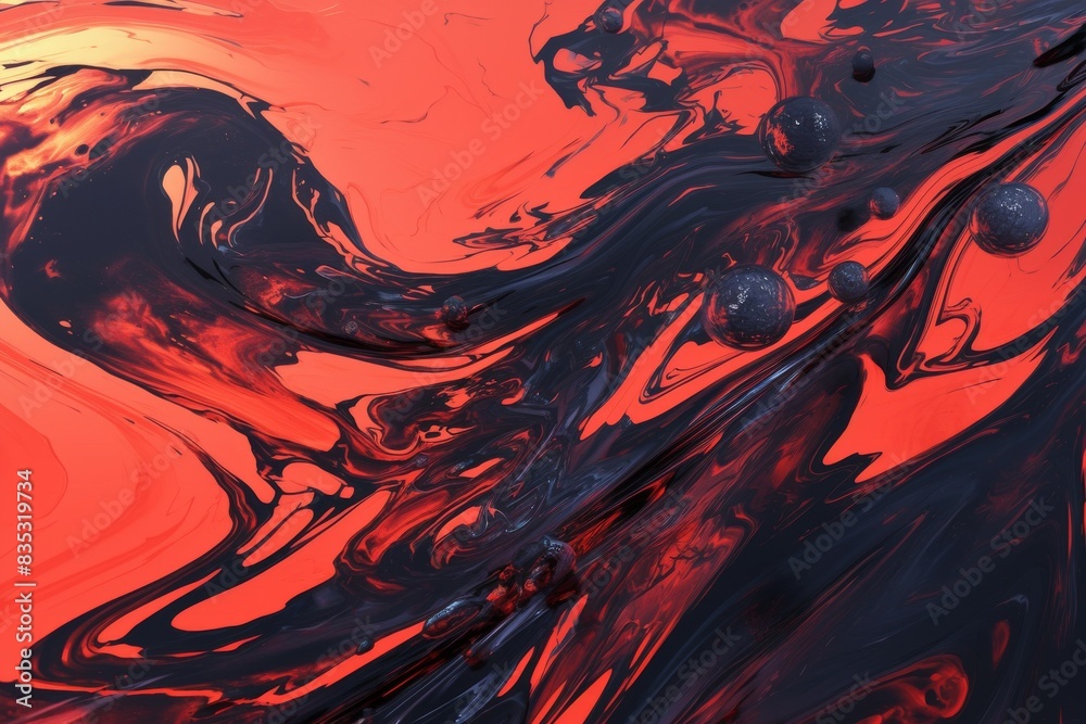 Vibrant red liquid motion with black abstract shapes and details Vibrant red liquid motion with black abstract shapes and details