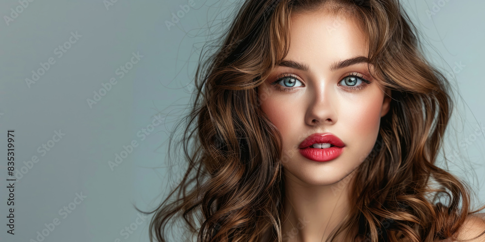 Fototapeta premium Beauty portrait of a young woman with bright red lipstick with long hair