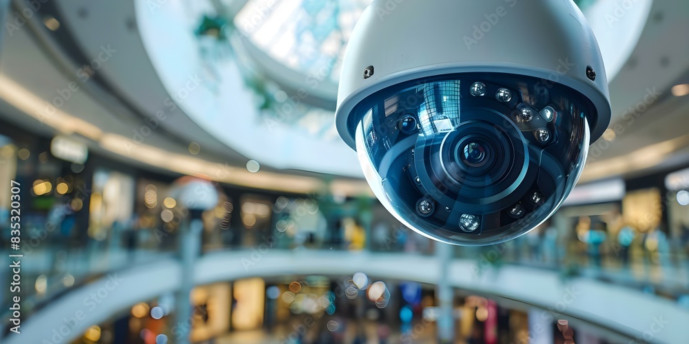 Autonomous Security Cameras Monitor Activity in a Shopping Mall. Concept Security cameras, surveillance technology, shopping mall security, monitoring system, autonomous monitoring Autonomous Security Cameras Monitor Activity in a Shopping Mall. Concept Security cameras, surveillance technology, shopping mall security, monitoring system, autonomous monitoring